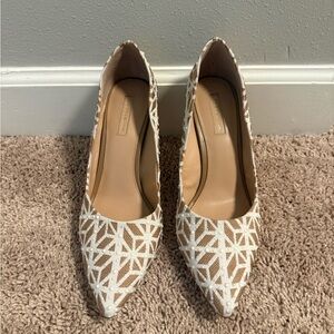 ANTONIO MELANI Beige and White Pointed Toe Pumps with Geometric Embroidery